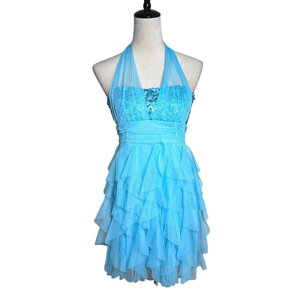 Vintage Y2K Deb Turquoise Blue Sequin Halter Ruffle Mini Dress S Sparkly Fairy
